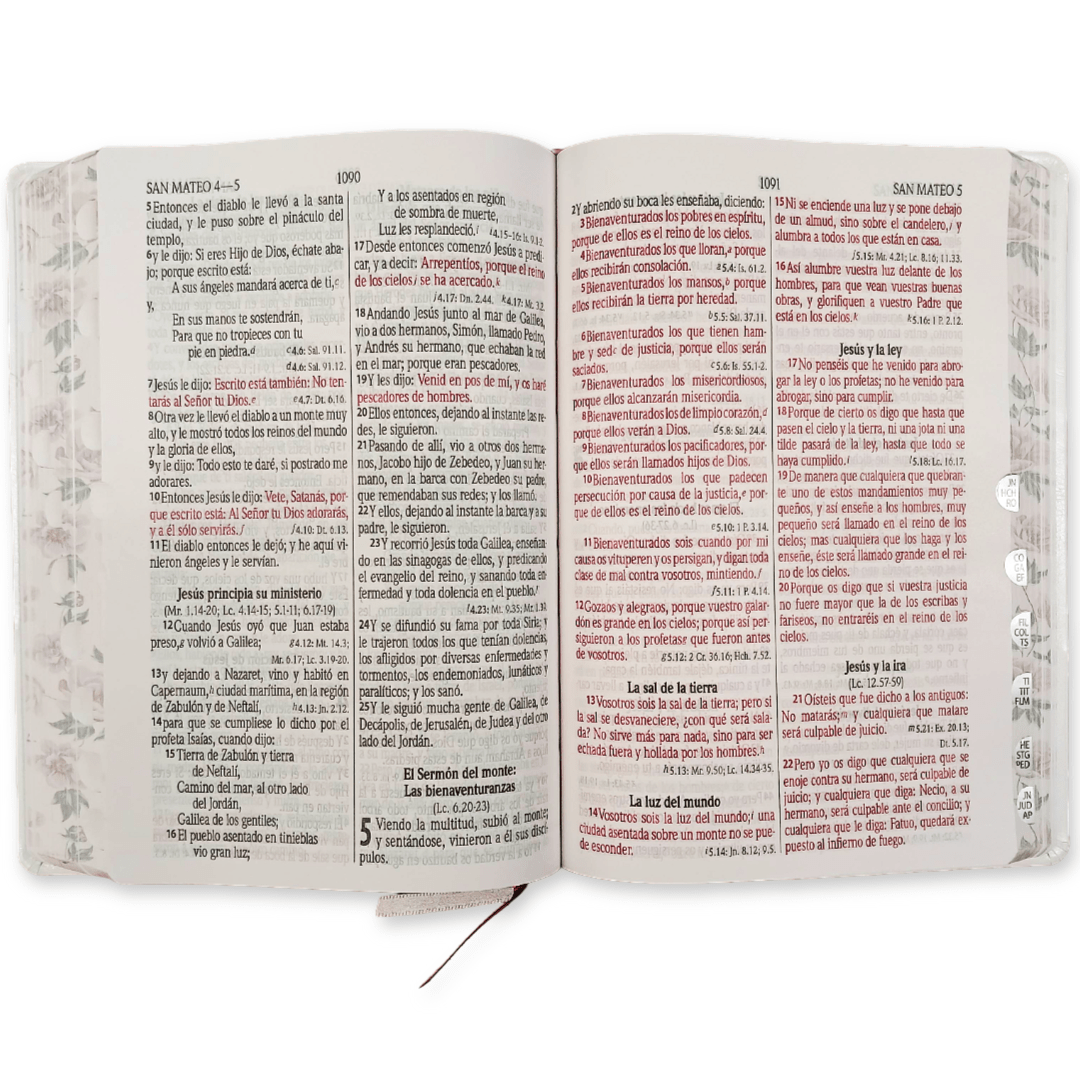 Biblia Reina Valera 1960 – Tapa Imitación Piel Blanco Canto Floreado, Concordancia, Palabras de Jesús en Rojo, con Índice, 14 x 22 cm, Letra 12 Puntos