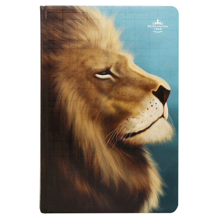 Biblia Reina Valera 1960 · 13,5x21 cm · Letra 13 pt · Tapa dura · Diseño león azul con canto azul