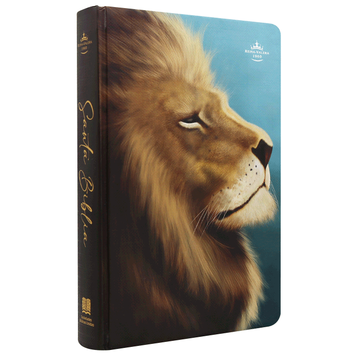 Biblia Reina Valera 1960 · 13,5x21 cm · Letra 13 pt · Tapa dura · Diseño león azul con canto azul