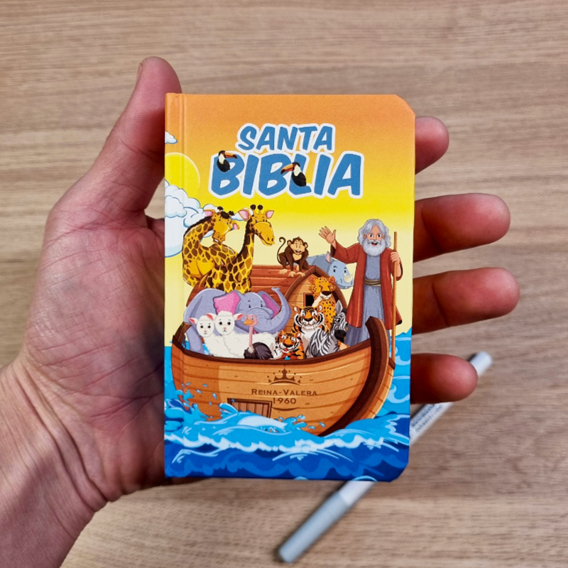 Biblia Infantil Reina Valera 1960 – Tapa Dura Arca Naranja, Concordancia, Palabras de Jesús en Rojo, con Índice, 7 x 11 cm, Letra 8 Puntos
