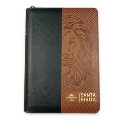 Biblia RVR1960 negro/marrón León, cierre, Letra grande 14 puntos, concordancia, PJR, índice, 22x15 cm
