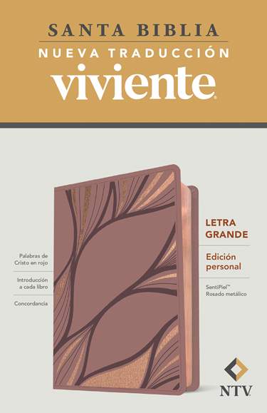 Biblia Nueva Traducción Viviente Letra Mediana PJR Diseño Metálico Rosa