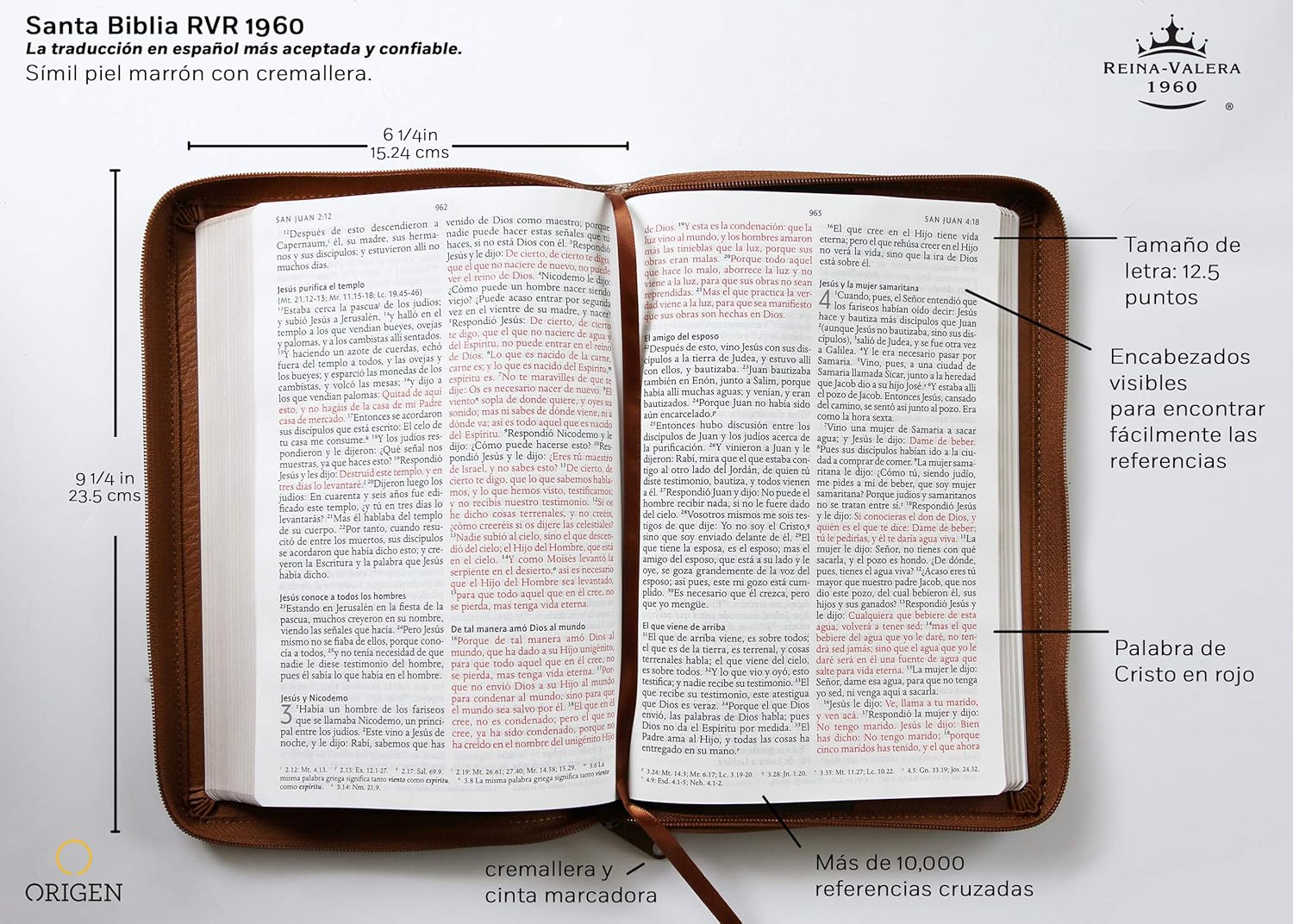 Biblia Reina Valera 1960 · Letra grande · Tapa piel color canela · Con cierre