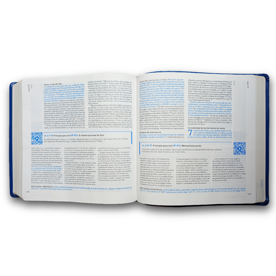 Biblia QR Principios para vivir Nueva Traducción Viviente Símil piel Azul