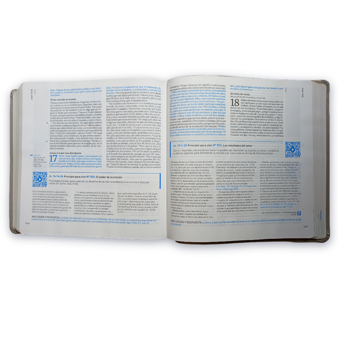 Biblia RVR1960 Principios para vivir QR, Tapa PU arena, Letra 8 pts, 21x21 cm