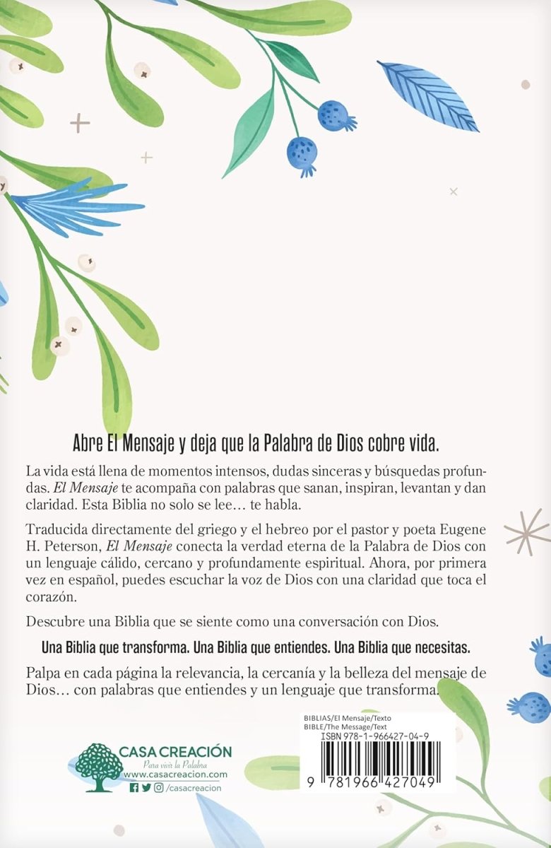 Biblia El Mensaje, Letra 9,5 Pt, 14,5×22, Tapa Dura, Verde Floral