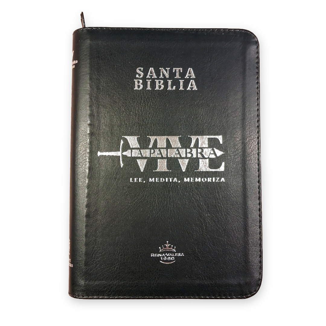 Biblia Reina Valera 1960 Letra Grande con cierre negro canto plateado "Vive"