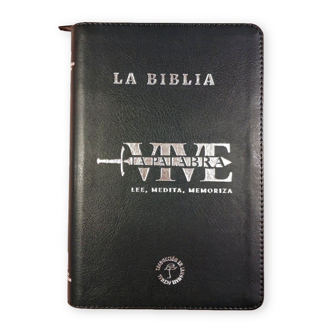 Biblia Traducción al Lenguaje Actual letra grande con cierre negro canto plateado "Vive"