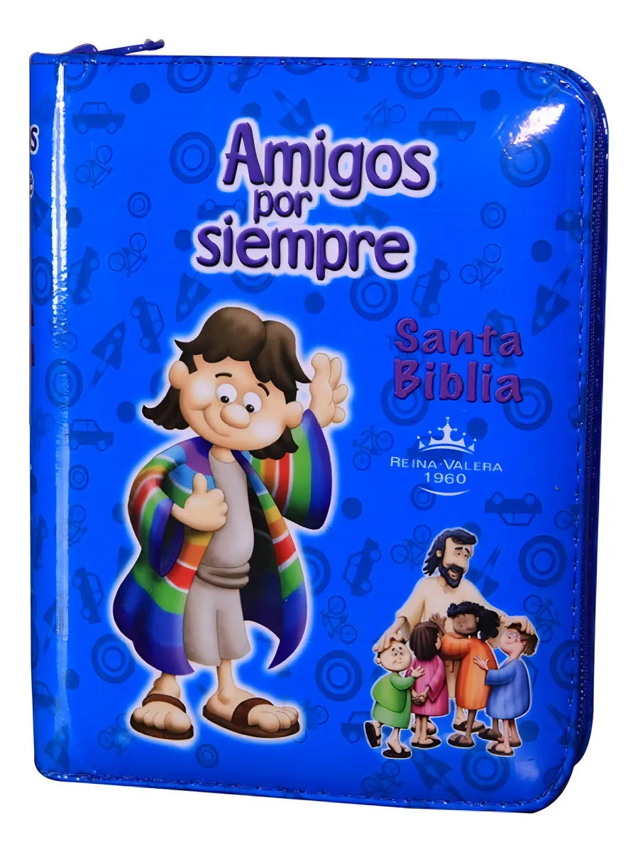 Biblia Reina Valera 1960 con cierre color azul/azul "Amigos"