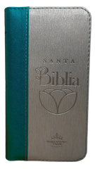 Biblia Reina Valera 1960 con cierre color azul/beige canto plateado