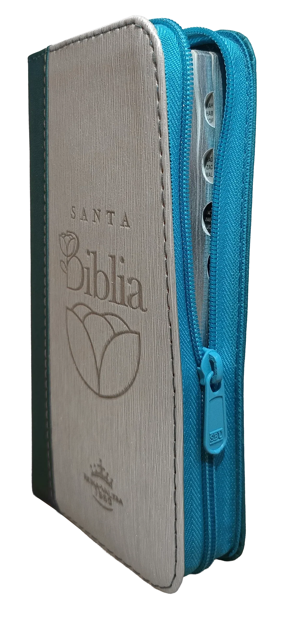 Biblia Reina Valera 1960 con cierre color azul/beige canto plateado
