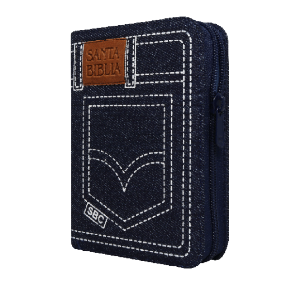 Biblia Reina Valera 1960 con cierre palabras de Jesús en rojo jean azul canto plateado