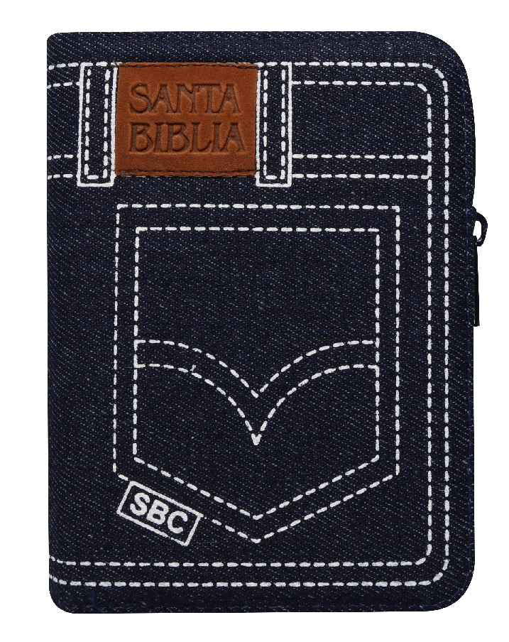 Biblia Reina Valera 1960 con cierre palabras de Jesús en rojo jean azul canto plateado