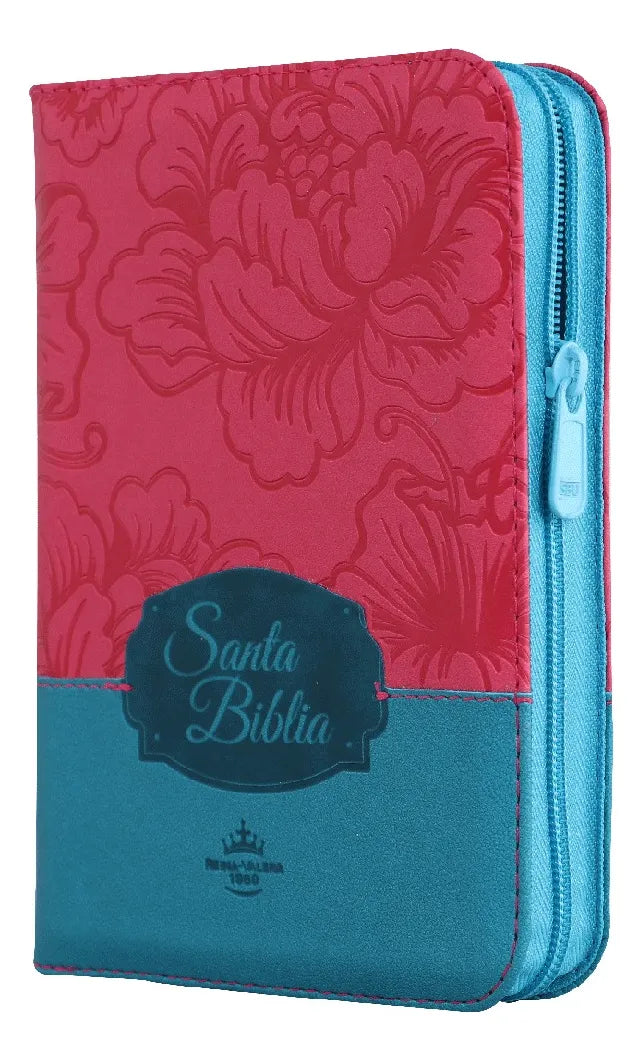 Biblia Reina Valera 1960 con cierre palabras de Jesús en rojo letra mediana fucsia/azul canto plateado