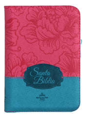 Biblia Reina Valera 1960 con cierre palabras de Jesús en rojo letra mediana fucsia/azul canto plateado