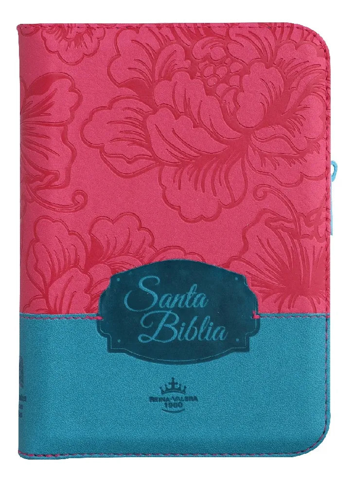 Biblia Reina Valera 1960 con cierre palabras de Jesús en rojo letra mediana fucsia/azul canto plateado