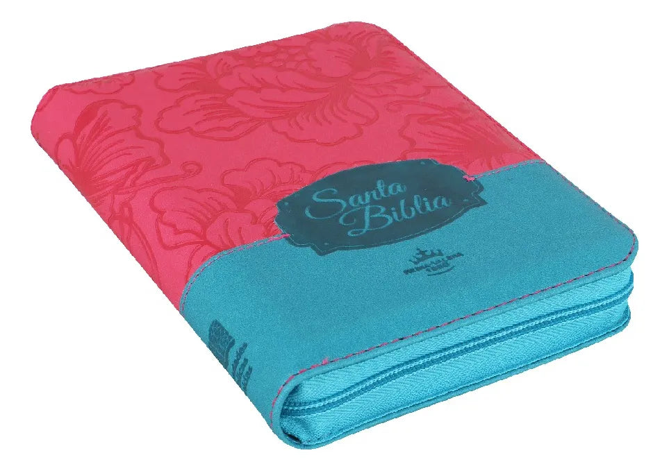 Biblia Reina Valera 1960 con cierre palabras de Jesús en rojo letra mediana fucsia/azul canto plateado