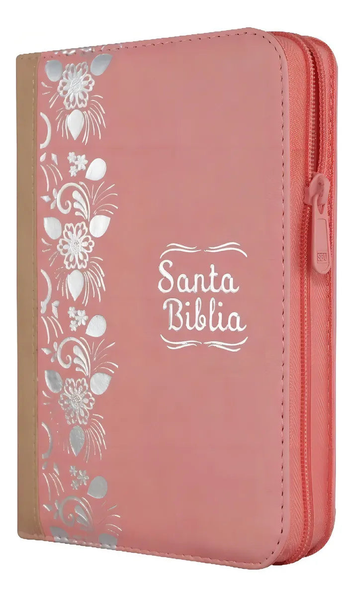Biblia Reina Valera 1960 con cierre palabras de Jesús en rojo letra mediana rosa/beige canto plateado