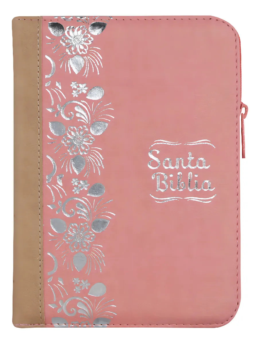 Biblia Reina Valera 1960 con cierre palabras de Jesús en rojo letra mediana rosa/beige canto plateado