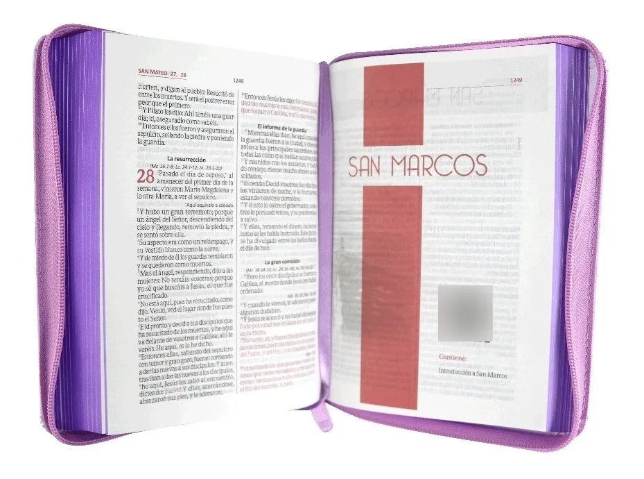 Biblia Reina Valera 1960 con cierre palabras de Jesús en rojo imitación piel lila canto blanco