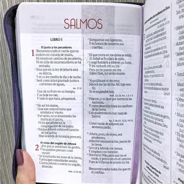 Biblia Reina Valera 1960 con cierre palabras de Jesœs en rojo letra mediana lila canto plateado
