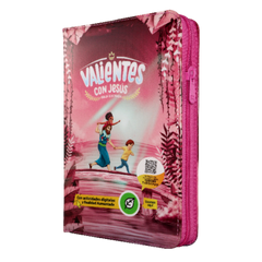 BIBLIA RVC062cZLGPJR L 12p 13x21 CONCORDACIA CIERRE PJR TAPA PLASTICA ROSA VALIENTES CON JESUS QR