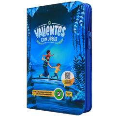 BIBLIA RVC062cZLGPJR L 12p 13x21 CONCORDACIA CIERRE PJR TAPA PLASTICA AZUL VALIENTES CON JESUS QR