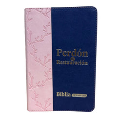 Biblia Reina Valera 1960 letra grande "Perdona y Restaura" azul/rosa canto plateado