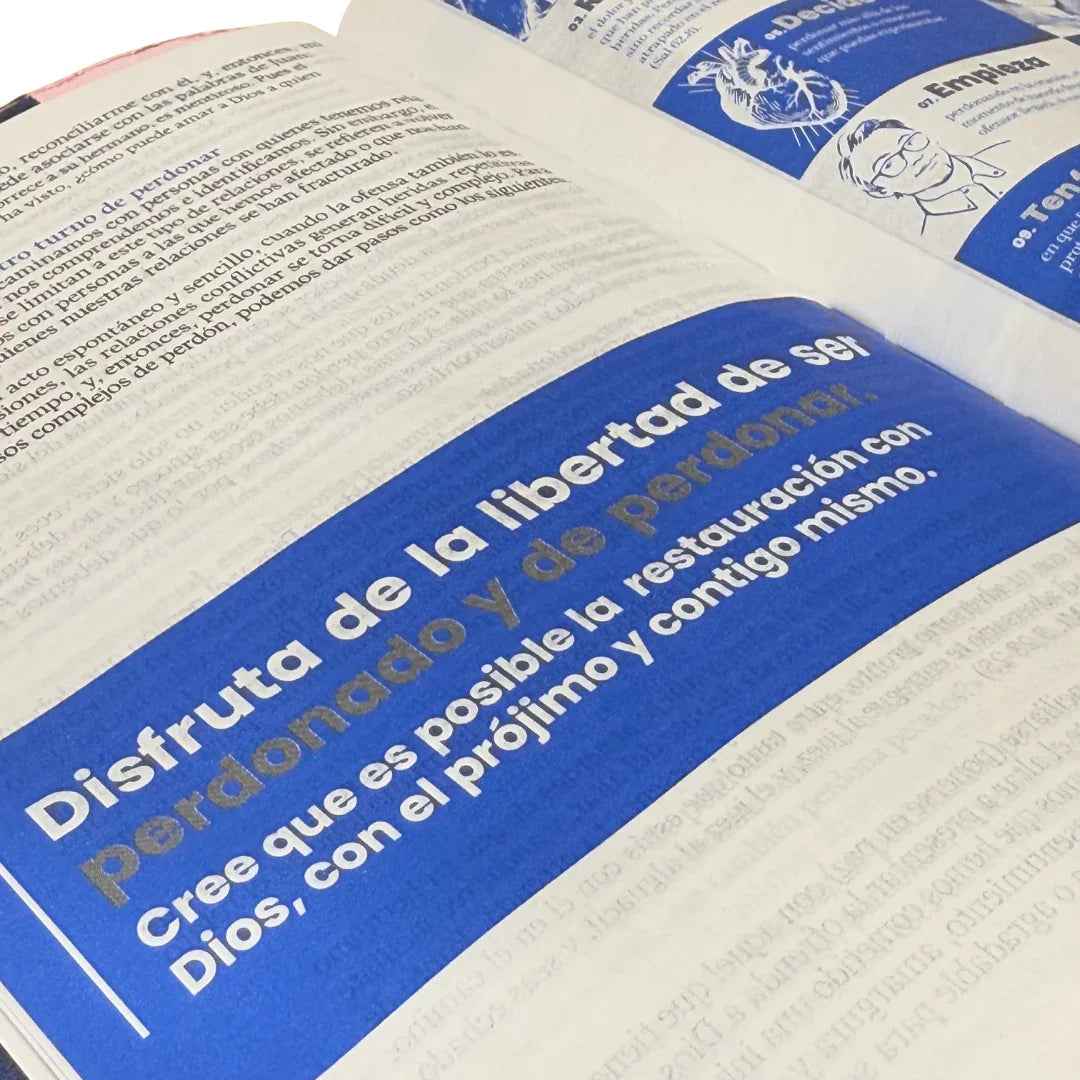 Biblia Reina Valera 1960 letra grande "Perdona y Restaura" azul/rosa canto plateado