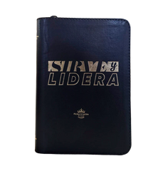 Biblia Reina Valera 1960 letra grande con cierre "Sirve y Lidera" negro canto plateado