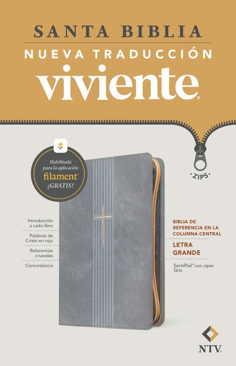 Biblia Nueva Traducción Viviente – Tapa Imitación Piel Gris con Cierre, Letra 9.5pt, 17.5x25 cm
