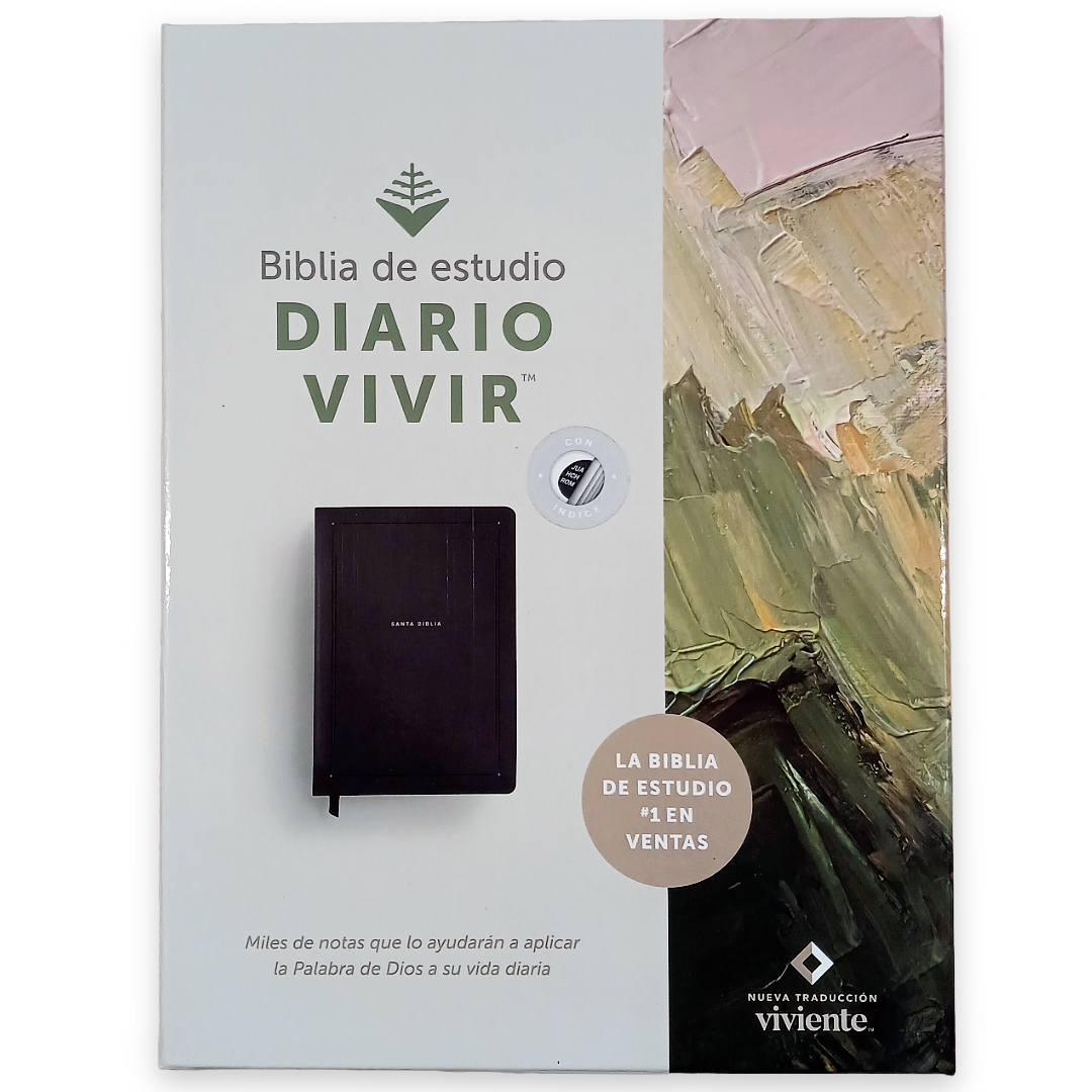 Biblia de Estudio del Diario Vivir Nueva Traducción Viviente – Tapa Imitación Piel Negro con Índice, Letra 11pt, 18x25 cm