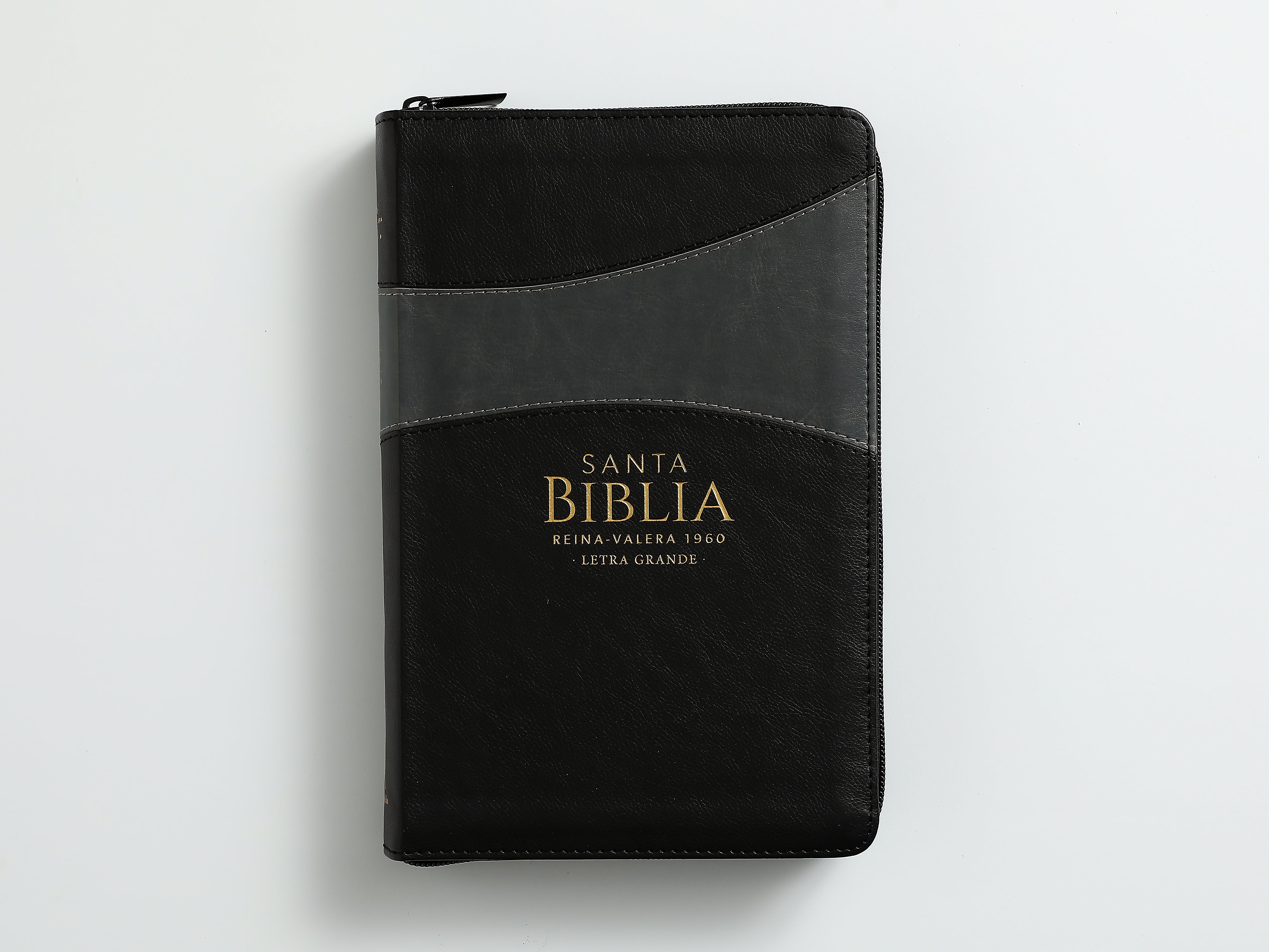 Biblia Reina Valera 1960 · 13,8x21,2 cm · Letra grande 12,5 pt · Con cierre · Diseño bitono negro y gris
