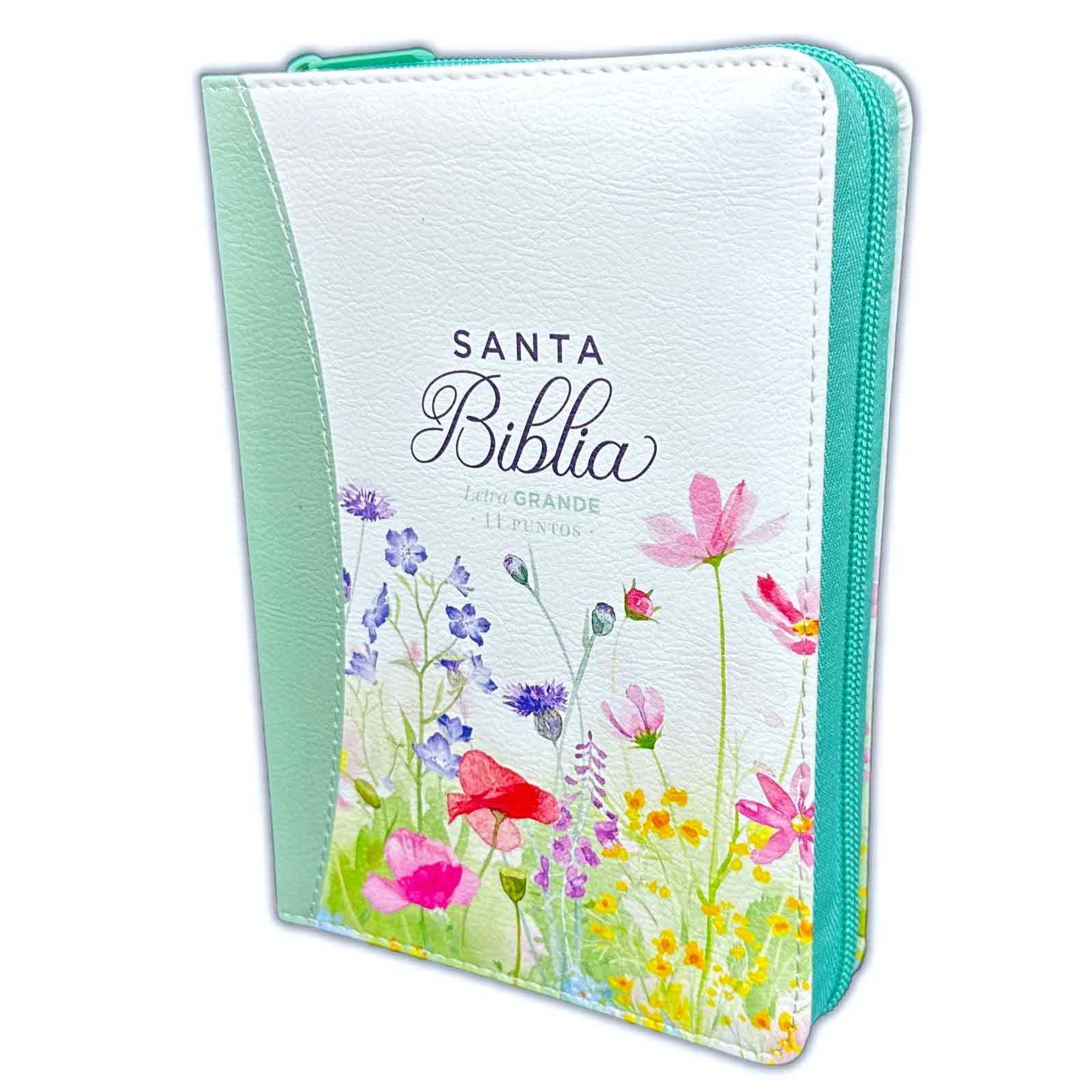 Biblia Reina Valera 1960 · 11x16,5 cm · Letra grande 11 pt · Con cierre · Colección Primaveral turquesa