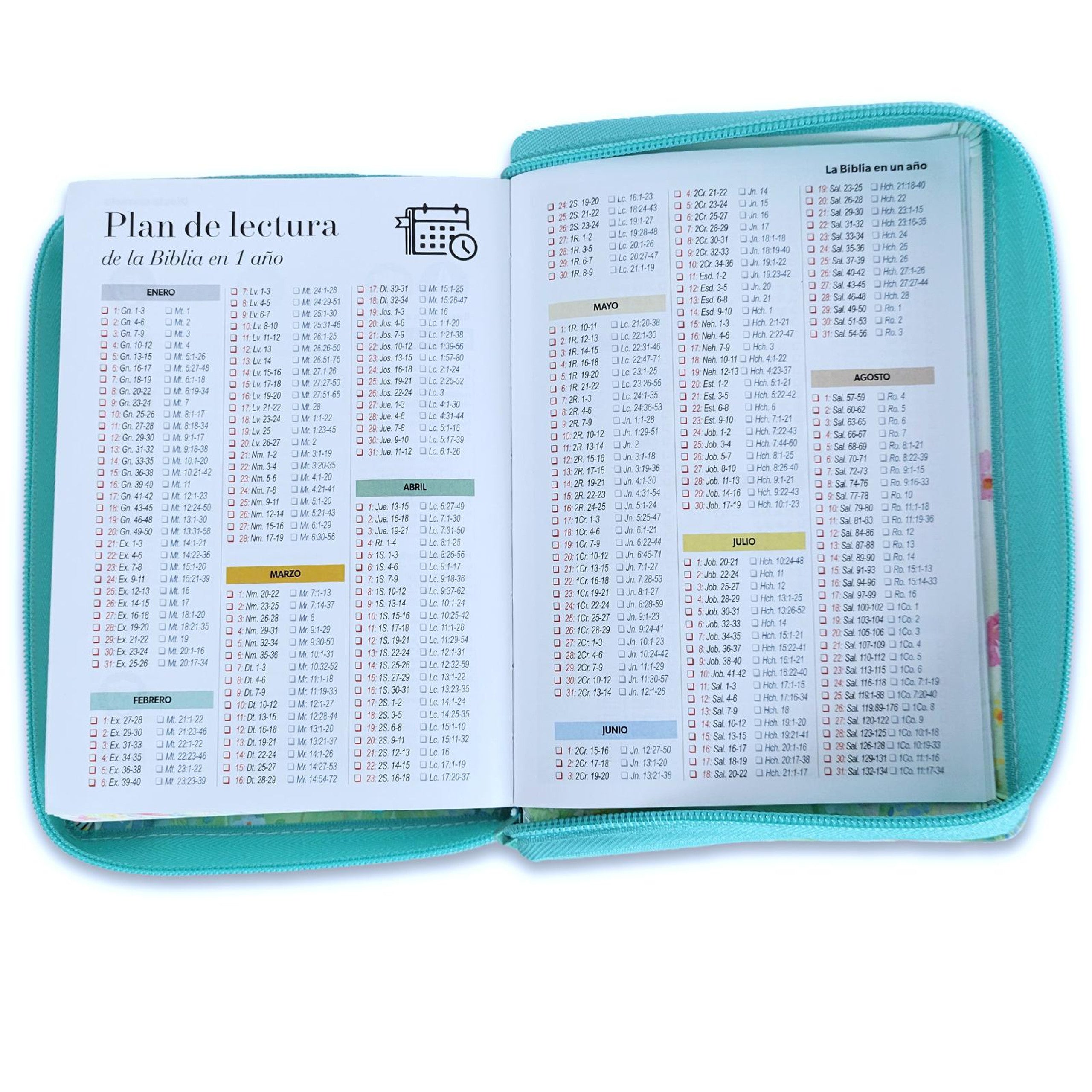 Biblia Reina Valera 1960 · 11x16,5 cm · Letra grande 11 pt · Con cierre · Colección Primaveral turquesa