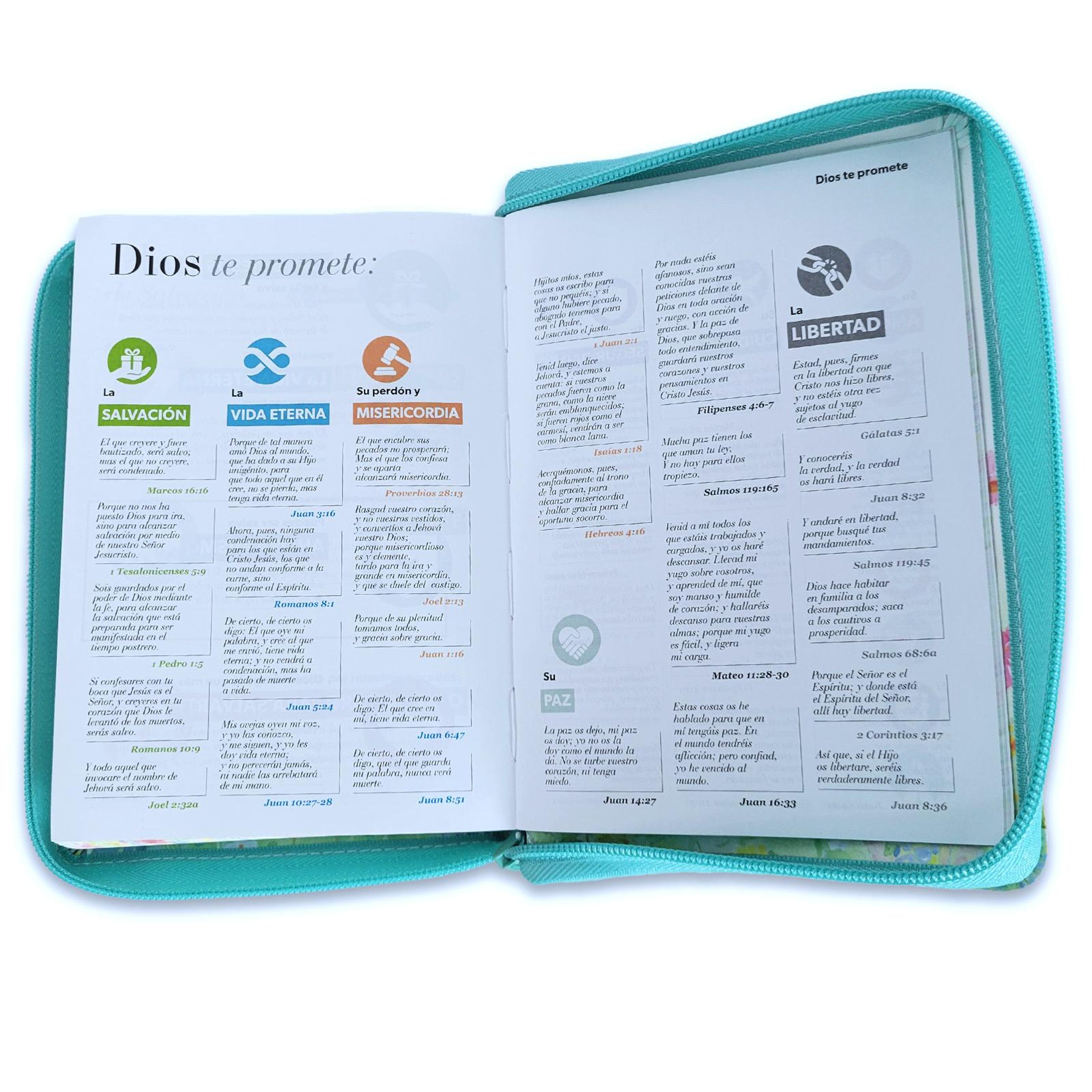 Biblia Reina Valera 1960 · 11x16,5 cm · Letra grande 11 pt · Con cierre · Colección Primaveral turquesa