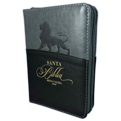 Biblia Reina Valera 1960 · 10x14 cm · Letra pequeña 8,5 pt · Con cierre e índice · Tapa imitación piel · Colección Expresión león negro y gris