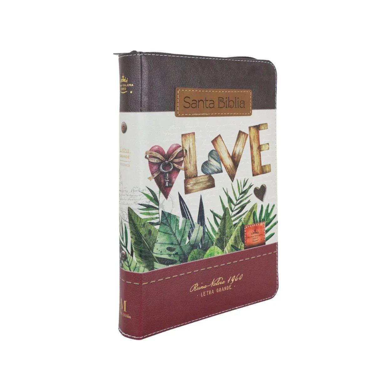 Biblia Reina Valera 1960 · 13,8x21,2 cm · Letra grande 12,5 pt · Con cierre e índice · Diseño tricolor fantasía marrón y grana
