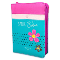 Biblia Reina Valera 1960 · 10x14 cm · Letra pequeña 8,5 pt · Con cierre · Tapa imitación piel · Colección Primor flores fucsia, rosa y turquesa