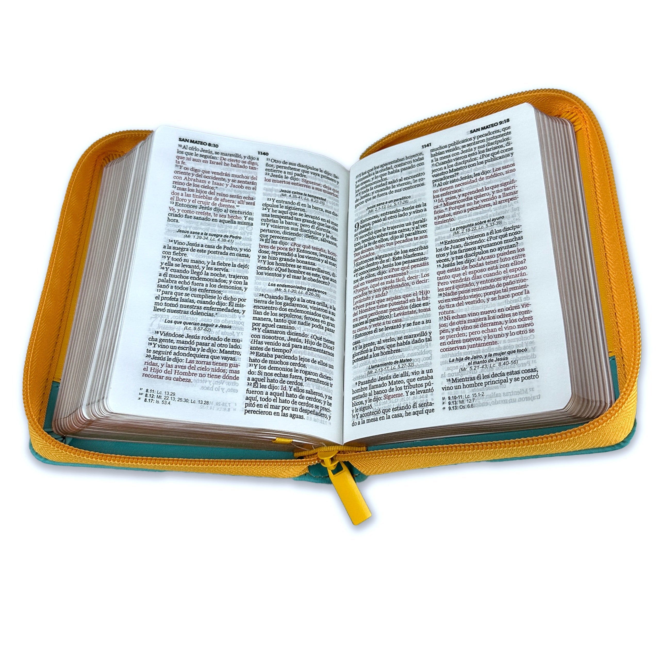 Biblia Reina Valera 1960 · 10x14 cm · Letra pequeña 8,5 pt · Con cierre · Tapa imitación piel · Colección Primor flores amarillo y turquesa