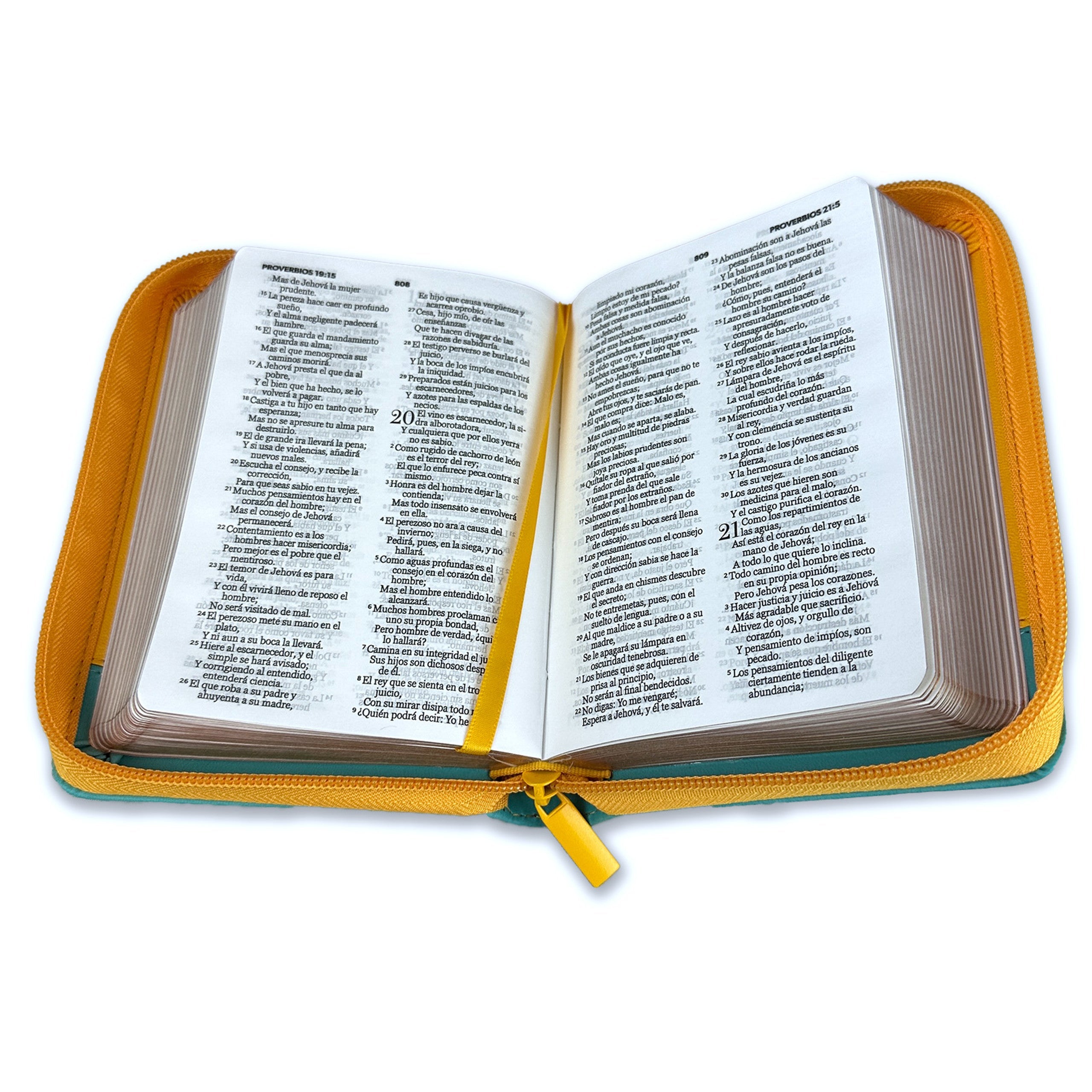 Biblia Reina Valera 1960 · 10x14 cm · Letra pequeña 8,5 pt · Con cierre · Tapa imitación piel · Colección Primor flores amarillo y turquesa