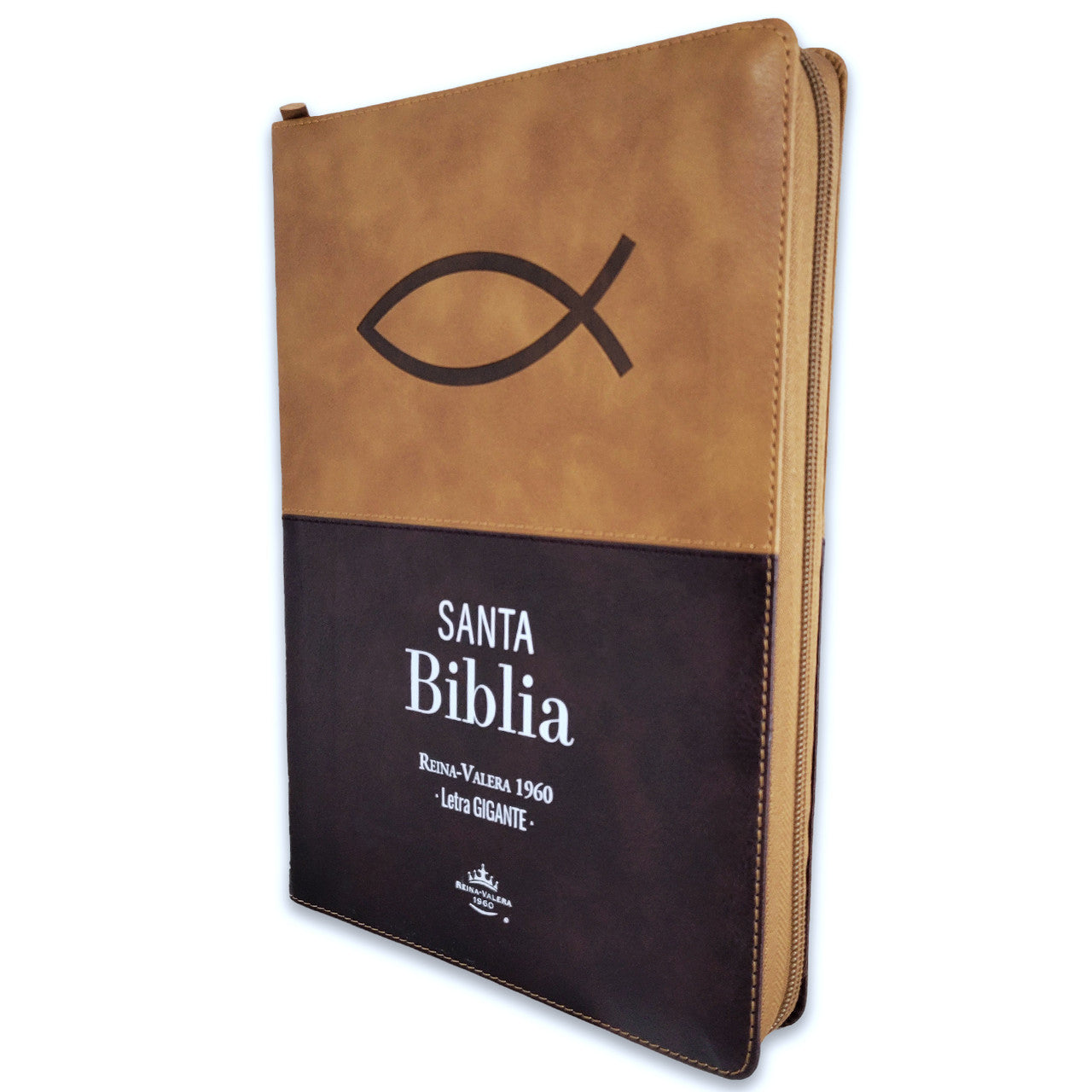 Biblia Reina Valera 1960 · 17x23,5 cm · Letra gigante 15 pt · Con cierre e índice · Diseño Ichtus café