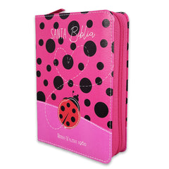 Biblia Reina Valera 1960 · 10x14 cm · Letra pequeña 8,5 pt · Con cierre · Tapa imitación piel · Colección Primor mariquita rosa y fucsia con topos