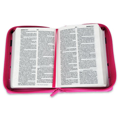 Biblia Reina Valera 1960 · 10x14 cm · Letra pequeña 8,5 pt · Con cierre · Tapa imitación piel · Colección Primor mariquita rosa y fucsia con topos