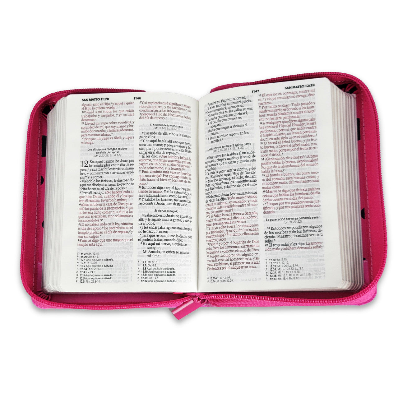 Biblia Reina Valera 1960 · 10x14 cm · Letra pequeña 8,5 pt · Con cierre · Tapa imitación piel · Colección Primor mariquita rosa y fucsia con topos