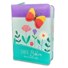 Biblia Reina Valera 1960 · 10x14 cm · Letra pequeña 8,5 pt · Con cierre · Tapa imitación piel · Colección Primor mariposa lila, azul y turquesa