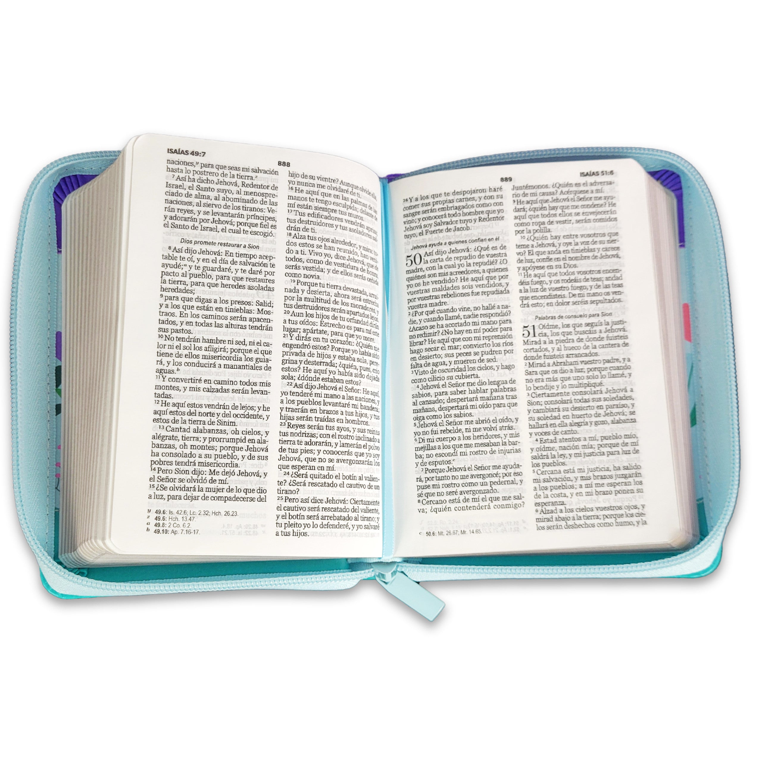 Biblia Reina Valera 1960 · 10x14 cm · Letra pequeña 8,5 pt · Con cierre · Tapa imitación piel · Colección Primor mariposa lila, azul y turquesa