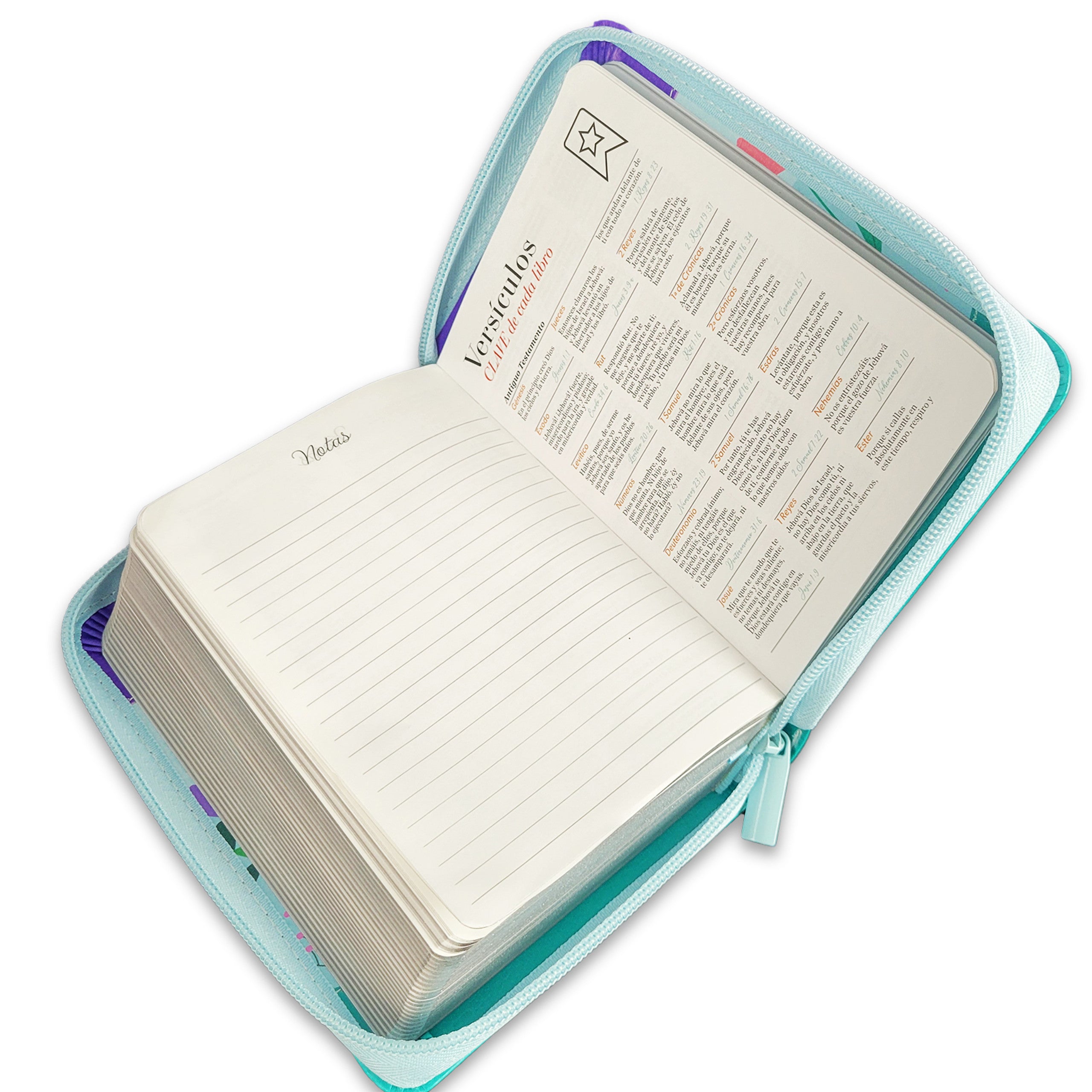 Biblia Reina Valera 1960 · 10x14 cm · Letra pequeña 8,5 pt · Con cierre · Tapa imitación piel · Colección Primor mariposa lila, azul y turquesa