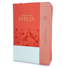 Biblia Reina Valera 1960 · 13,8x21,2 cm · Letra grande 12,5 pt · Con cierre e índice · Colección Inspiración pájaros blanco y coral