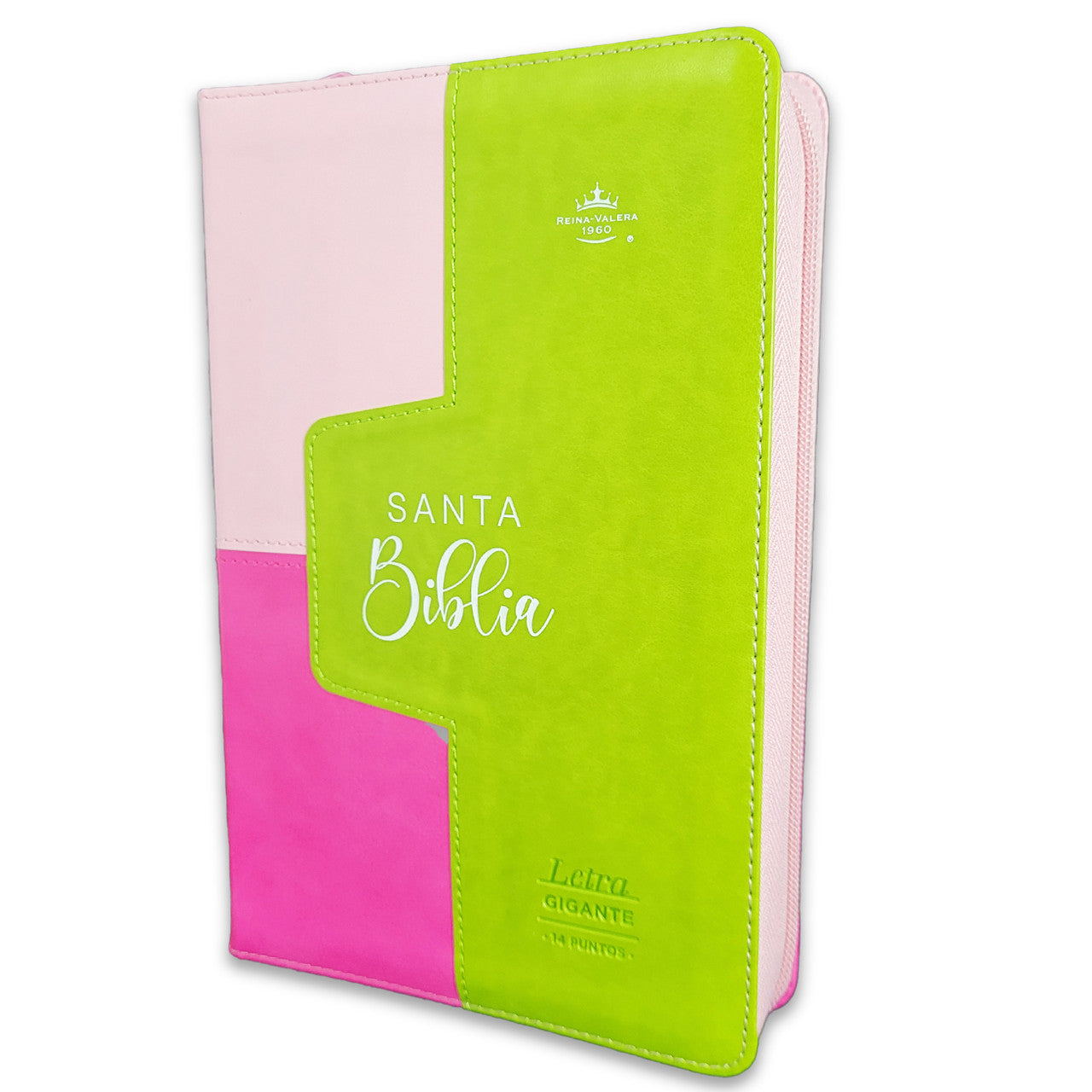 Biblia Reina Valera 1960 · 13,8x21,2 cm · Letra gigante 14 pt · Con cierre e índice · Colección Iconic fucsia, rosa y lima